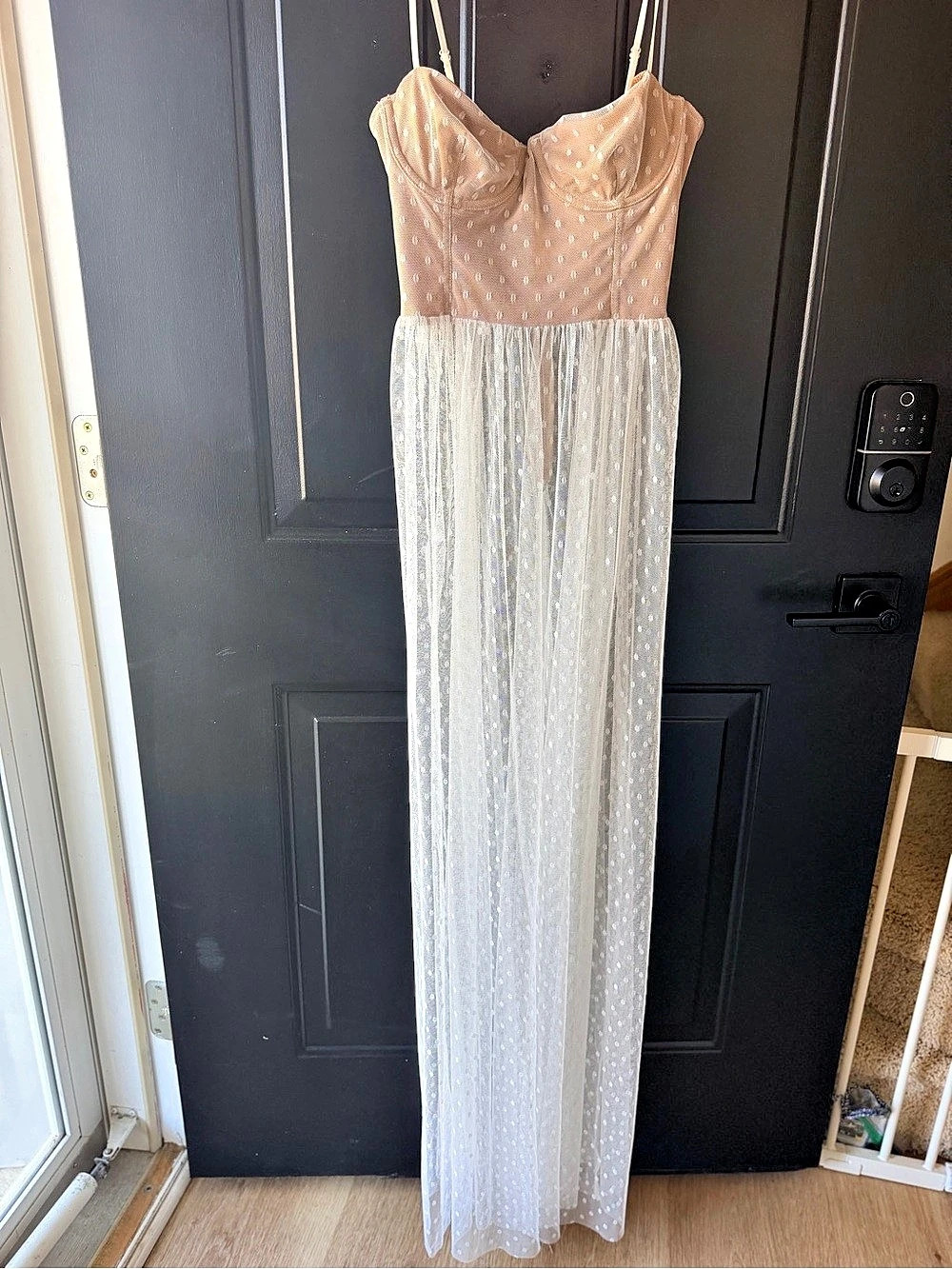 White Fox Boutique “Totally Bangin” Nude Polka Dot Tulle Maxi Dress – XS/S